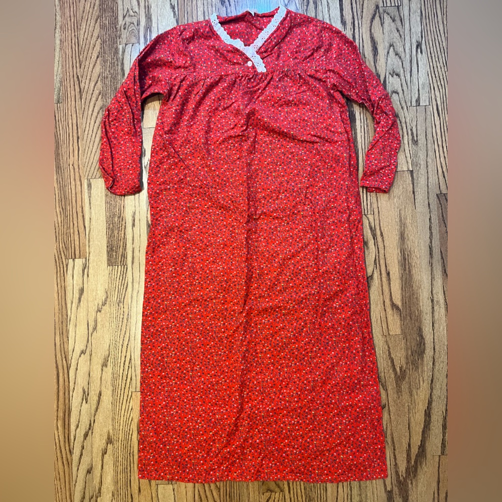 Vintage 80s Anthony’s Red Calico Floral Nightgown Prairie Cottagecore Maxi Dress